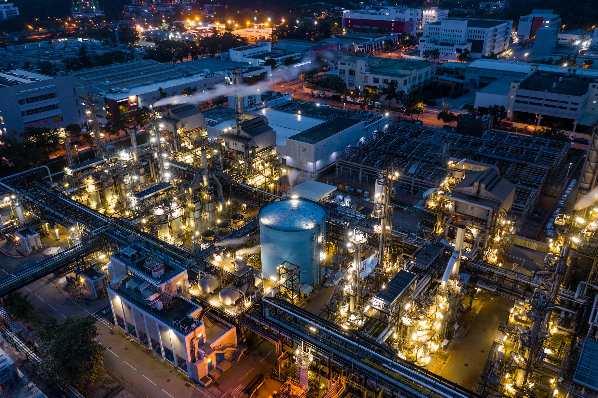 Tai Po, Hong Kong 20 May 2019: Top view of industrial factory in Hong Kong at night